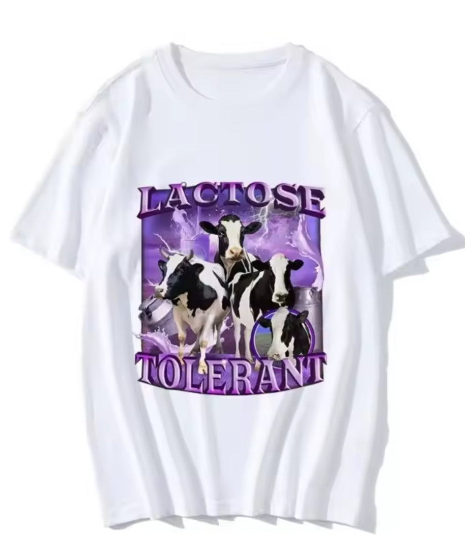 White t-shirt with cow graphic and 'Lactose Tolerant' text on a white background