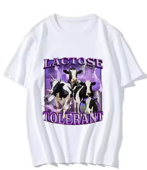 White t-shirt with cow graphic and 'Lactose Tolerant' text on a white background